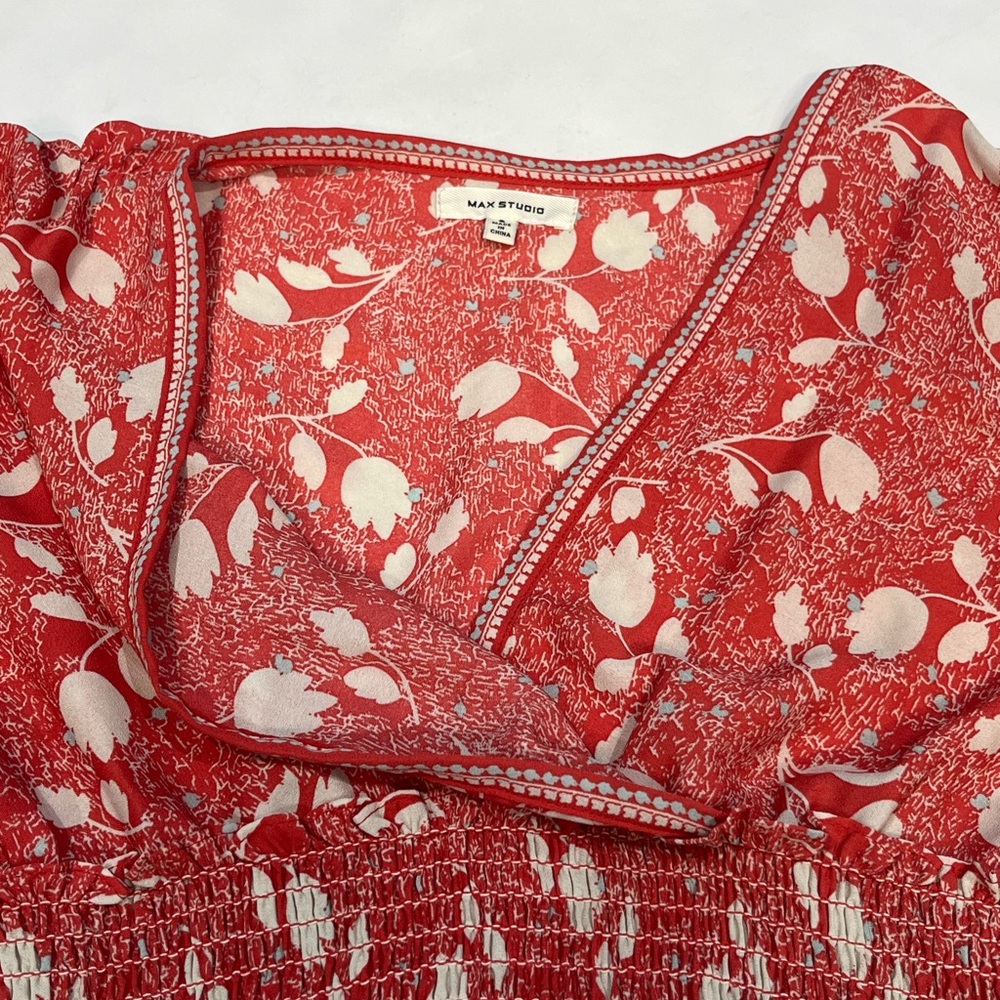 Max Studio Red Floral Smocked Fit Flare Dress Flutter Sleeve Women Small 9912D52 - Picture 13 of 16